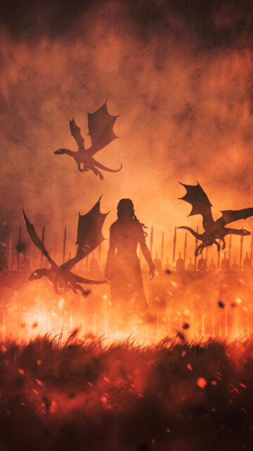 Dragon Queen Silhouette Amidst Fiery Battlefield Mobile Wallpaper
