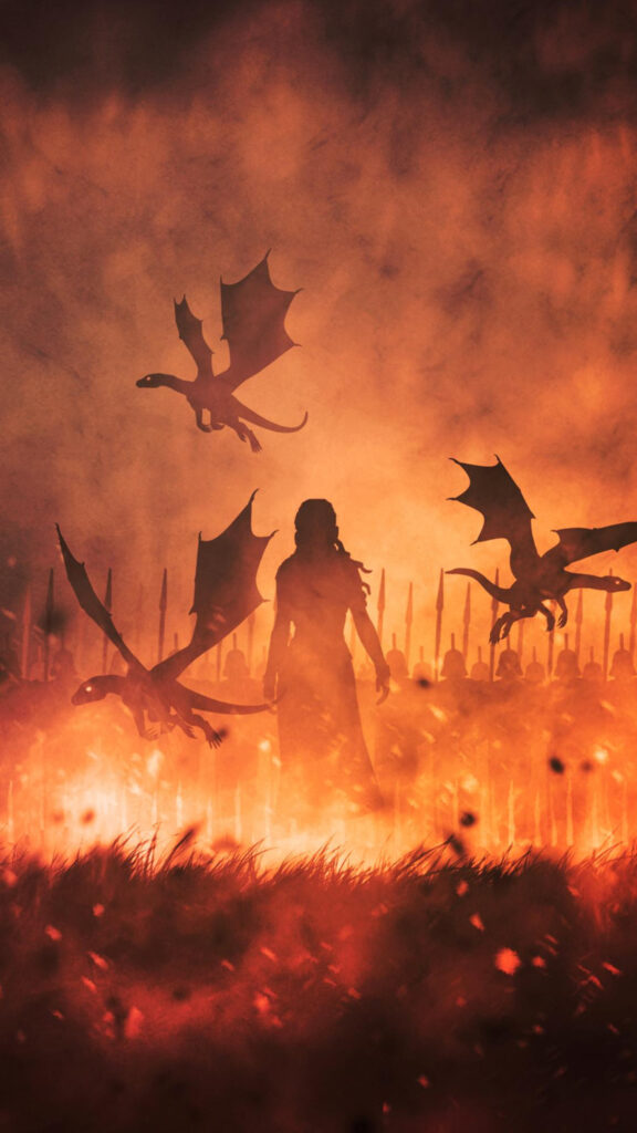Dragon Queen Silhouette Amidst Fiery Battlefield Mobile Wallpaper