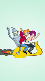 Futurama Characters Riding a Rocket Scooter Mobile Wallpaper