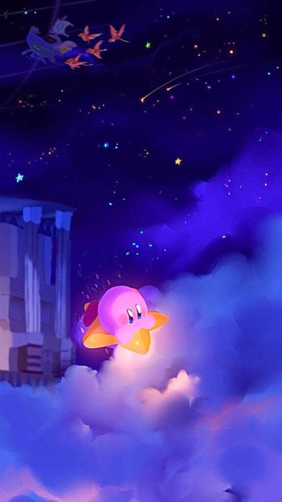 Kirby Flying Through Starry Clouds Mobile Wallpaper