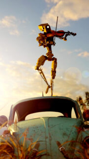 Robot Playing Violin on Vintage Car Mobile Wallpaper
