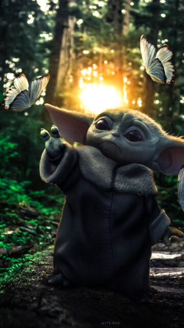 Grogu Reaching for Butterflies Enchanting Mobile Wallpaper