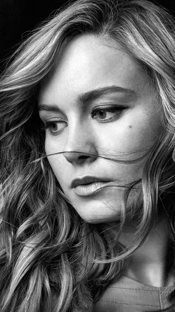 Brie Larson Dramatic Black and White Close Up Mobile Wallpaper