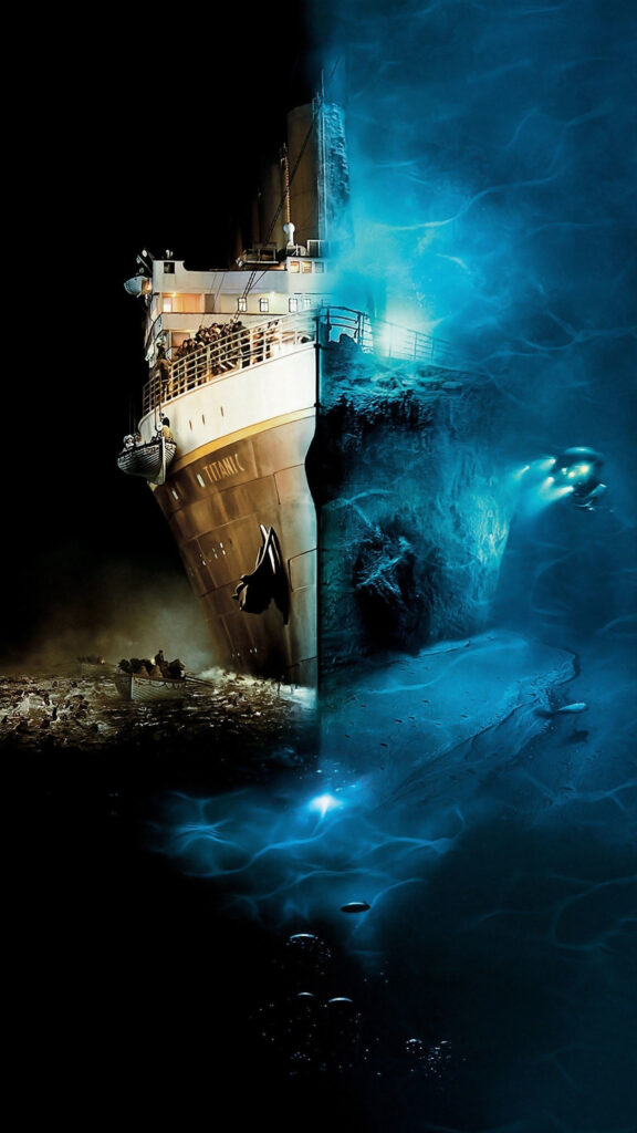 Split View Titanic Ship and Underwater Wreckage Mobile Wallpaper