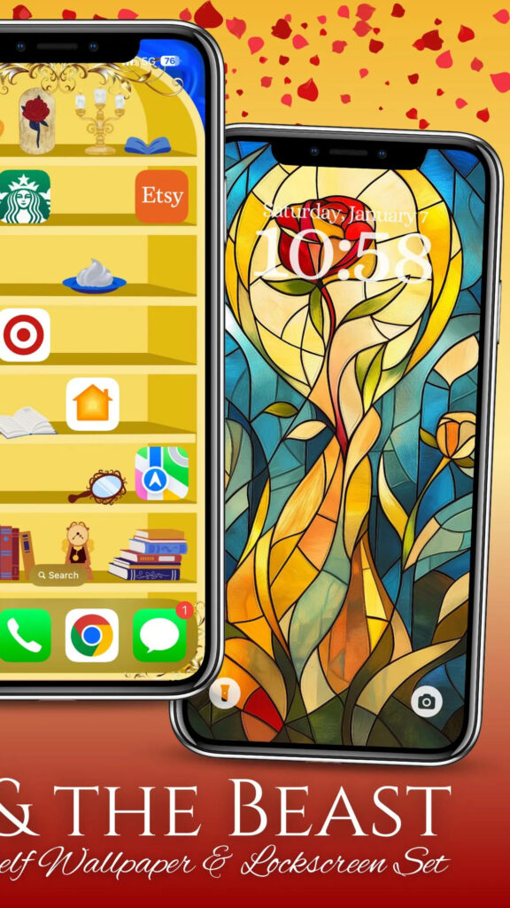 Beauty and the Beast Themed Shelf and Stained Glass Mobile Wallpaper