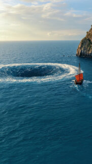 Mystical Ocean Whirlpool Fantasy Ship Vertical Mobile Wallpaper