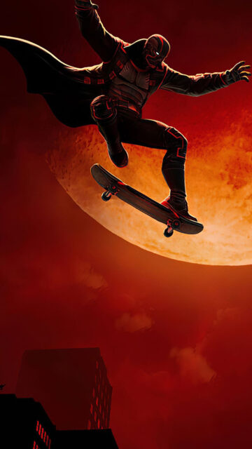 Red Dark Knight Skateboarding Action Mobile Wallpaper