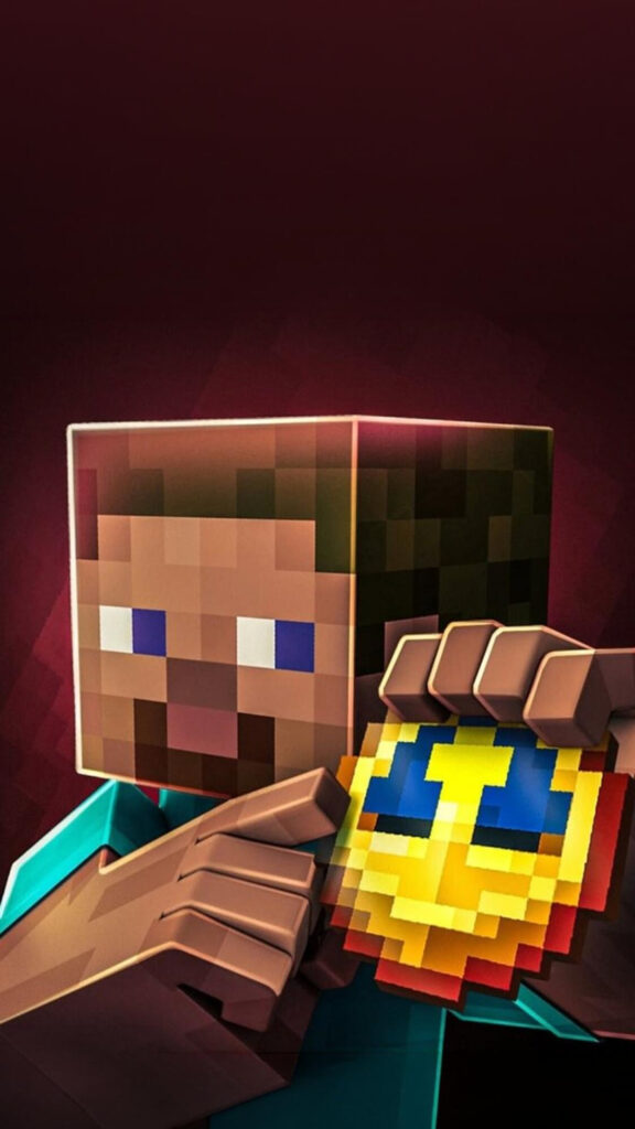 Minecraft Steve Holding Golden Token Mobile Wallpaper