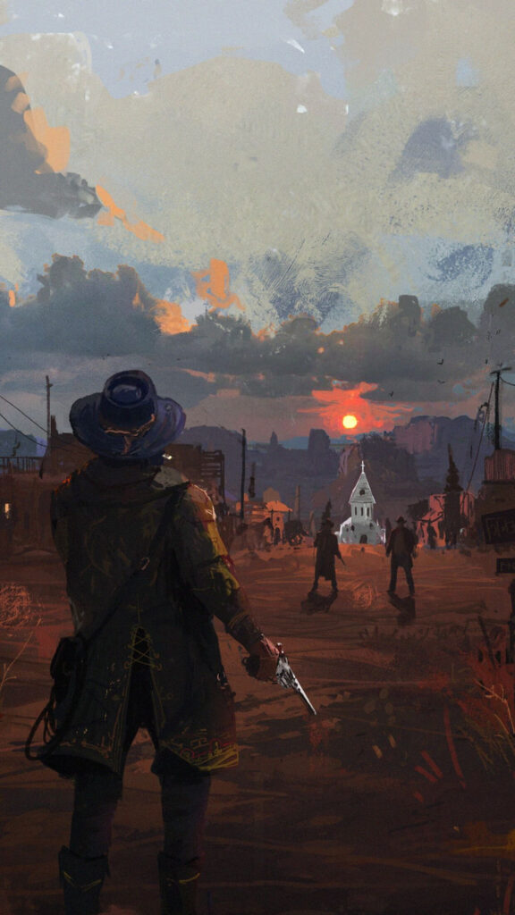 Western Gunslinger Showdown Sunset Mobile Wallpaper