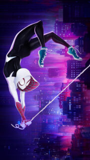 Spider-Gwen Leaping Through a Vibrant Neon Cityscape Mobile Wallpaper