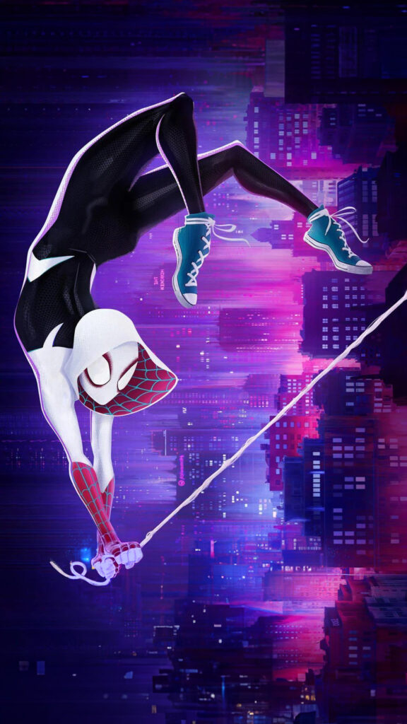 Spider-Gwen Leaping Through a Vibrant Neon Cityscape Mobile Wallpaper