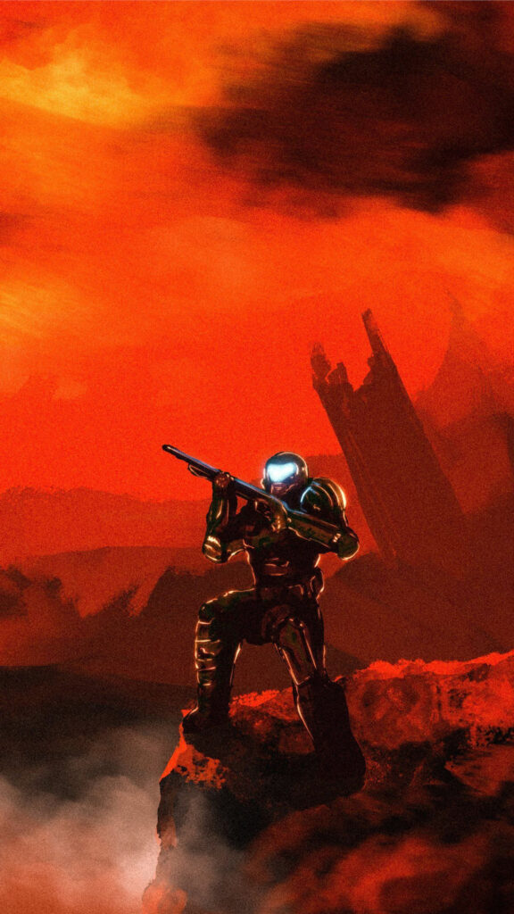DOOM Slayer Standing on a Martian Cliff Mobile Wallpaper