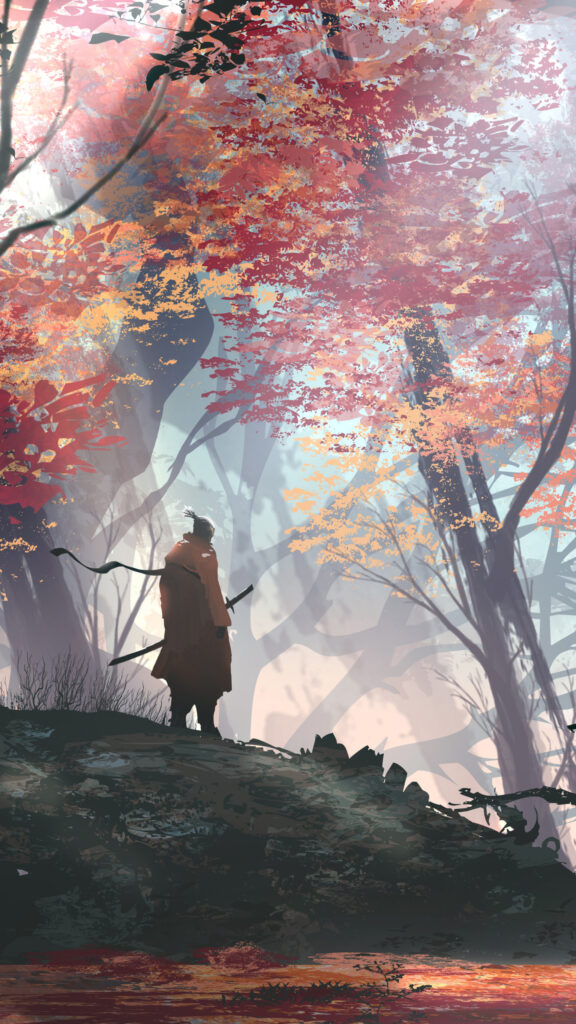 Wandering Ronin in Autumn Forest Mobile Wallpaper