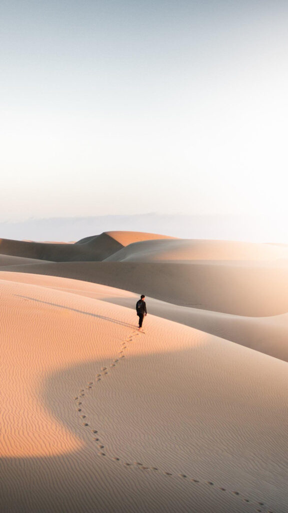 Solitary Wanderer Amidst Golden Desert Dunes Mobile Wallpaper