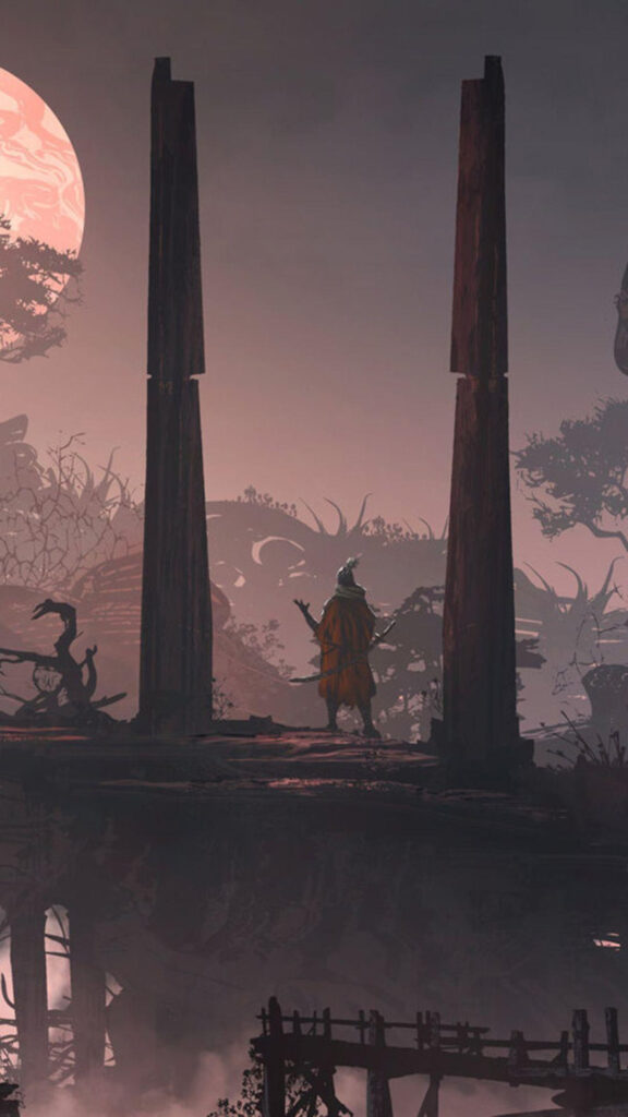 Lone Samurai Standing Between Pillars Mobile Wallpaper
