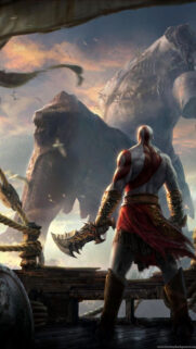 Kratos Facing the Colossus of Rhodes Mobile Wallpaper