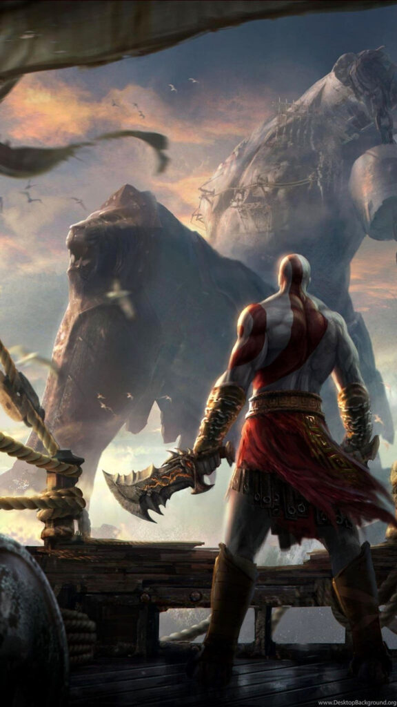Kratos Facing the Colossus of Rhodes Mobile Wallpaper