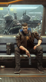 Cyberpunk Mercenary on Subway Train Vertical Mobile Wallpaper