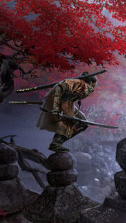 Warrior Crouching Amidst Crimson Maple Leaves Mobile Wallpaper