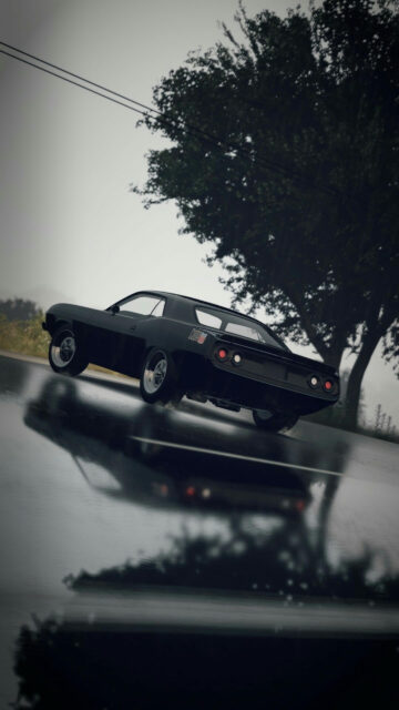 Black Muscle Car Reflection Rainy Road Mobile Wallpaper