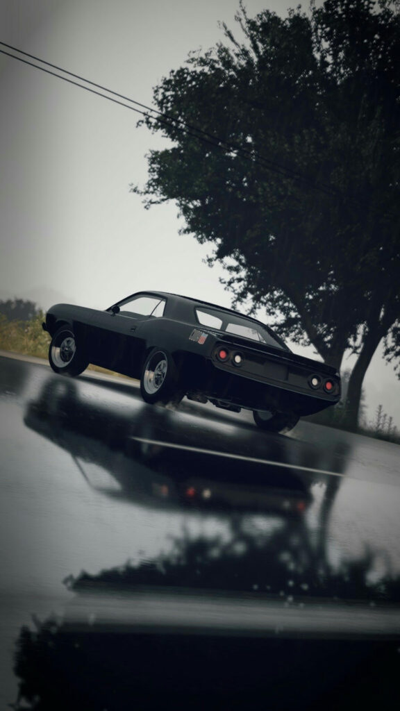 Black Muscle Car Reflection Rainy Road Mobile Wallpaper
