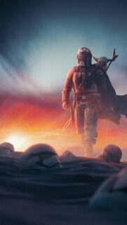 The Mandalorian and Grogu Walking Through Desert Ruins Mobile Wallpaper