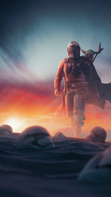 The Mandalorian and Grogu Walking Through Desert Ruins Mobile Wallpaper