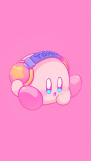 Adorable Pink Kirby Wearing Headphones Mobile Wallpaper