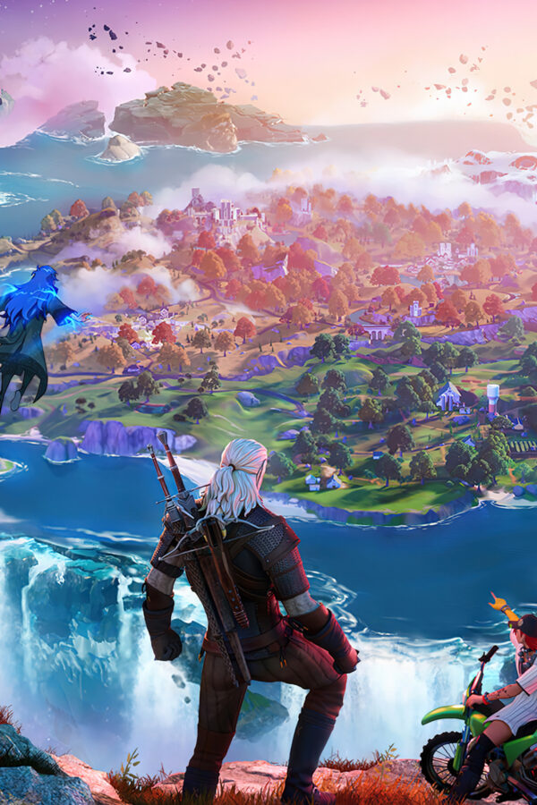 Geralt of Rivia overlooking a fantasy world Mobile Wallpaper