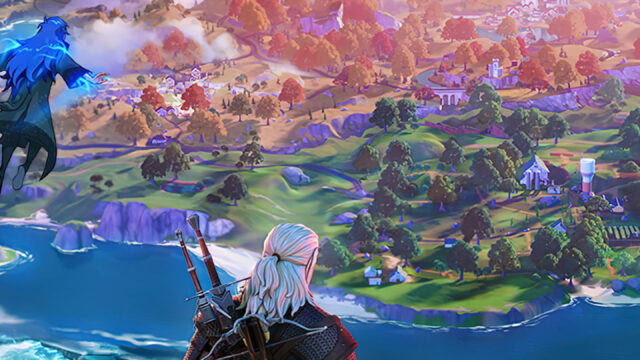 Geralt of Rivia overlooking a fantasy world Mobile Wallpaper