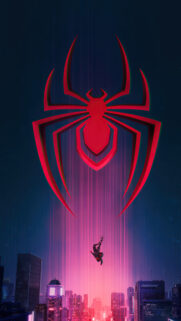 Miles Morales Falling into Neon City Skyline Mobile Wallpaper