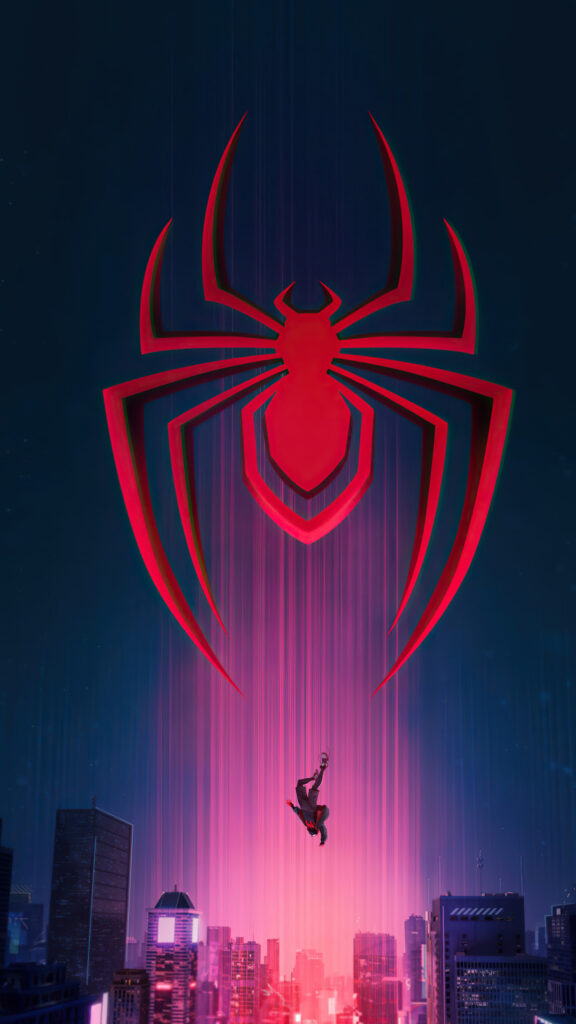 Miles Morales Falling into Neon City Skyline Mobile Wallpaper