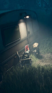 Mysterious Camper in Dark Forest Fog Mobile Wallpaper
