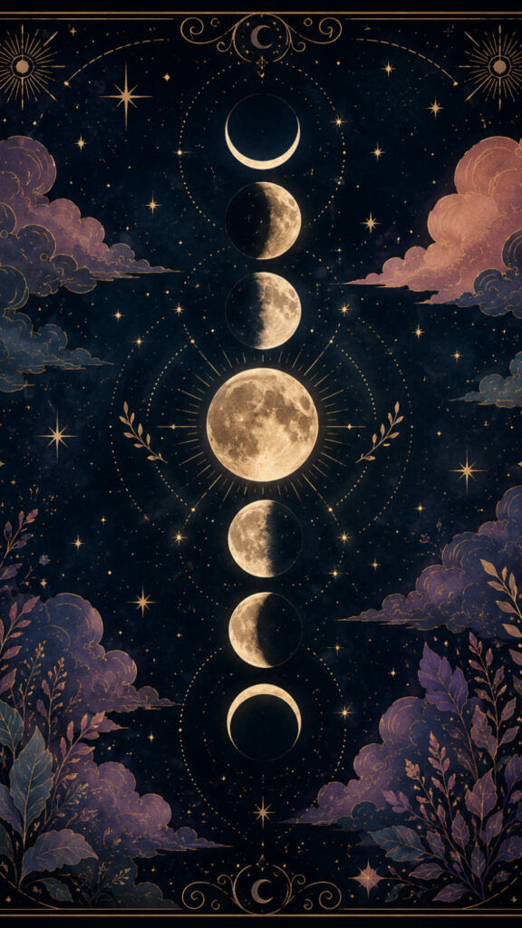 Mystical Lunar Cycle Moon Phases Celestial Spiritual Energy Wallpaper