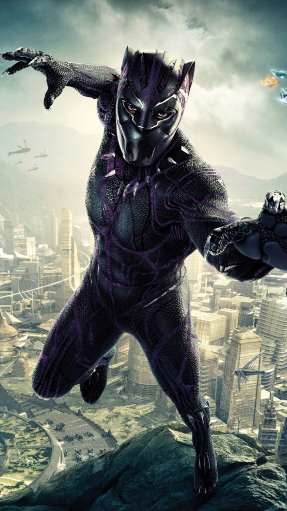 Black Panther Action Pose Wakanda City Mobile Wallpaper