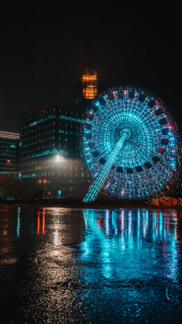 Stunning Neon Illuminated Ferris Wheel Night Reflection Mobile Wallpaper