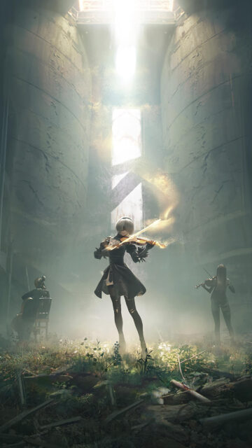 2B Playing Violin in Ruins Aesthetic Mobile Wallpaper