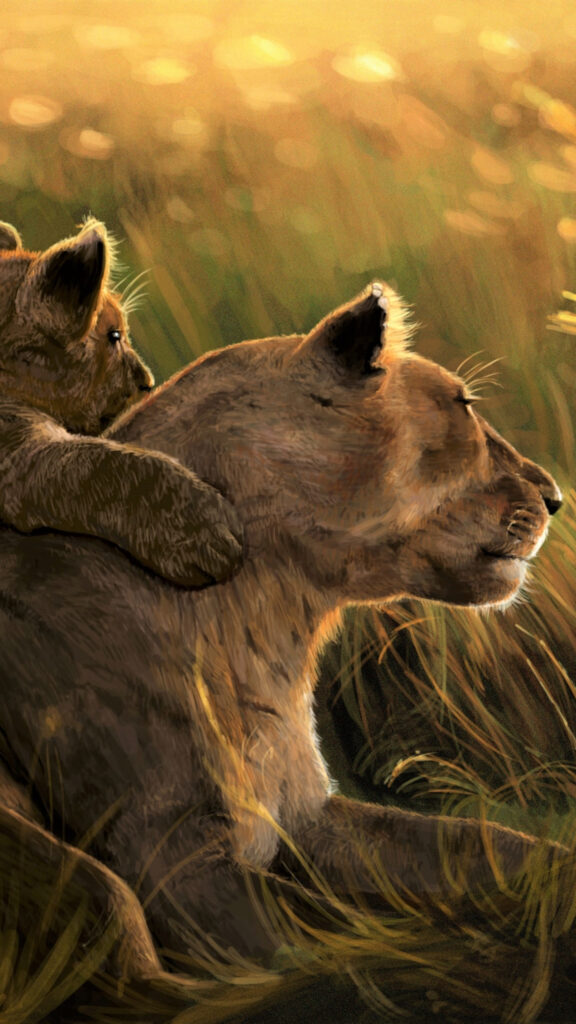 A Tender Moment Between Lioness and Cub Portrait Mobile Wallpaper