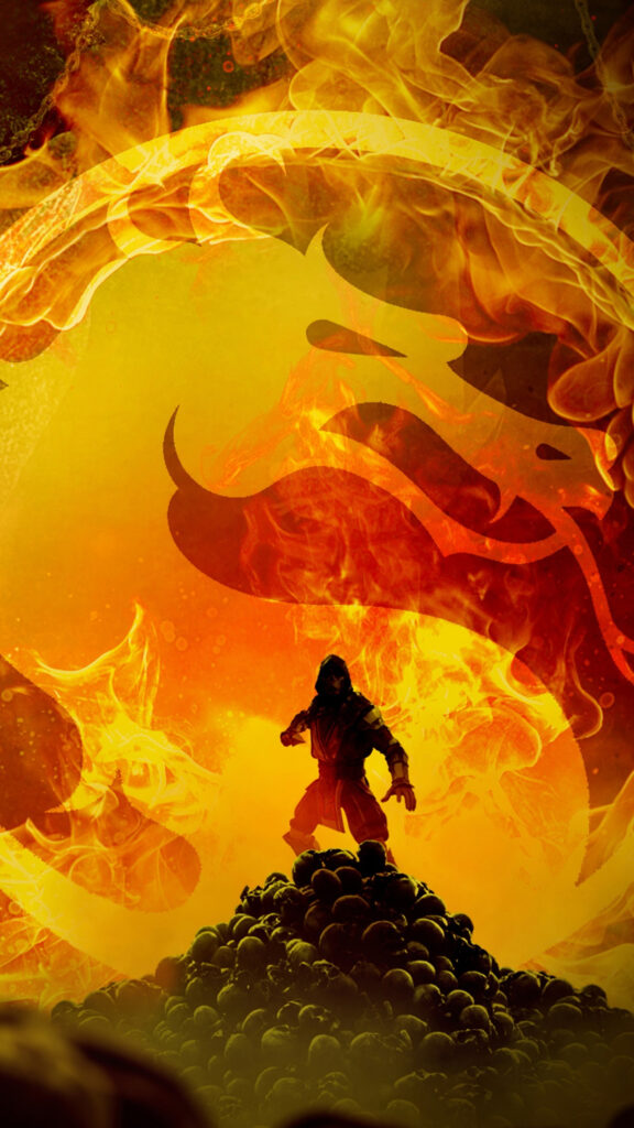 Scorpion Standing on a Pile of Skulls Mortal Kombat Mobile Wallpaper