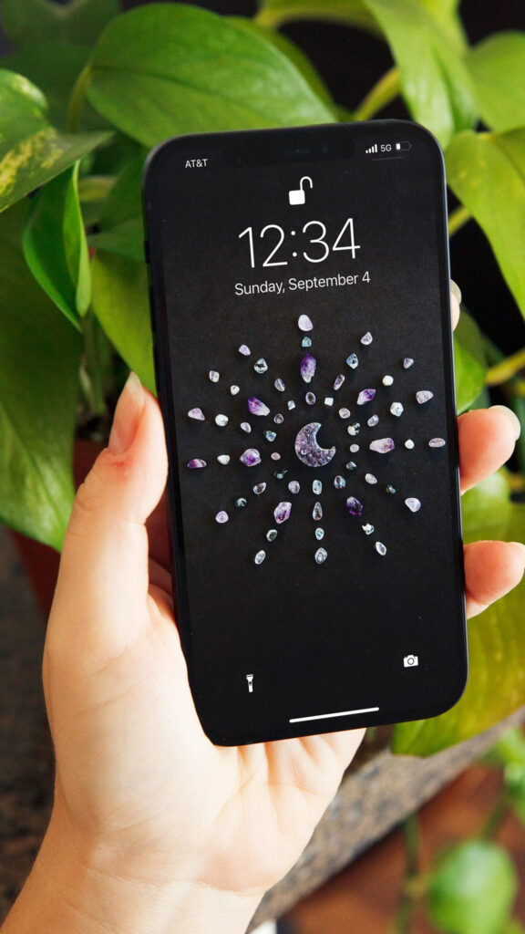Amethyst Crescent Moon Crystal Grid Spiritual Energy iPhone Wallpaper