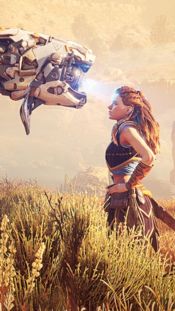 Aloy and Machine Facing Off Mobile Wallpaper