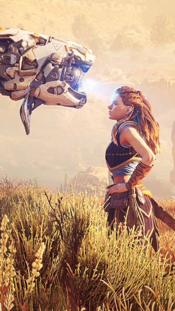 Aloy and Machine Facing Off Mobile Wallpaper