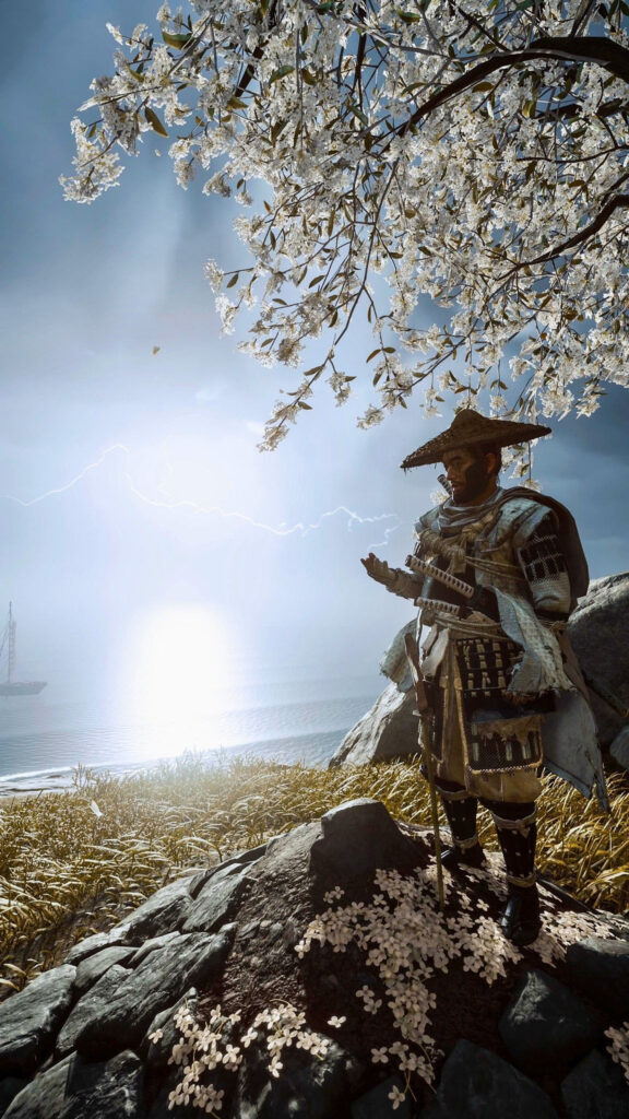 Ghost of Tsushima Jin Sakai Cherry Blossom Mobile Wallpaper