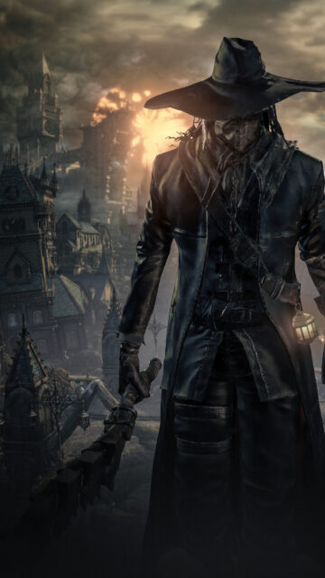 Eerie Gothic Hunter in Yharnam Mobile Wallpaper