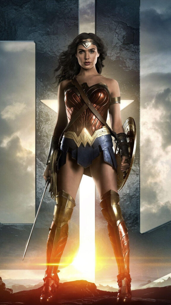 Wonder Woman Standing Frontal Pose Cinematic Mobile Wallpaper
