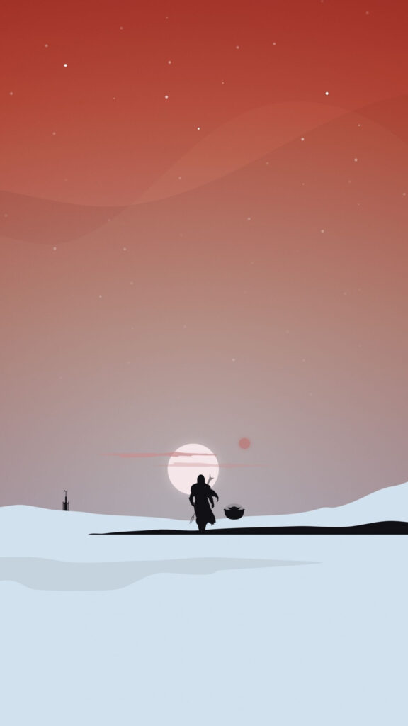 Minimalist Mandalorian and Grogu Sunset Mobile Wallpaper