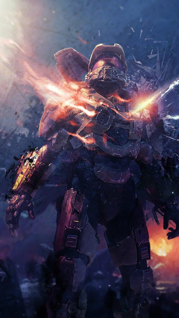 Master Chief Burning Armor Futuristic Sci-Fi Mobile Wallpaper