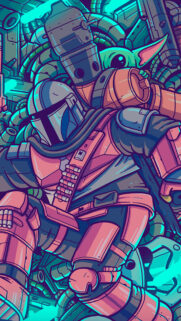 Mandalorian and Grogu Cyberpunk Illustration Mobile Wallpaper