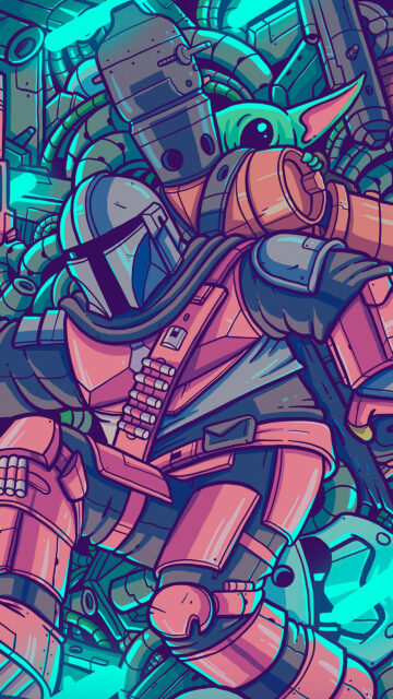 Mandalorian and Grogu Cyberpunk Illustration Mobile Wallpaper