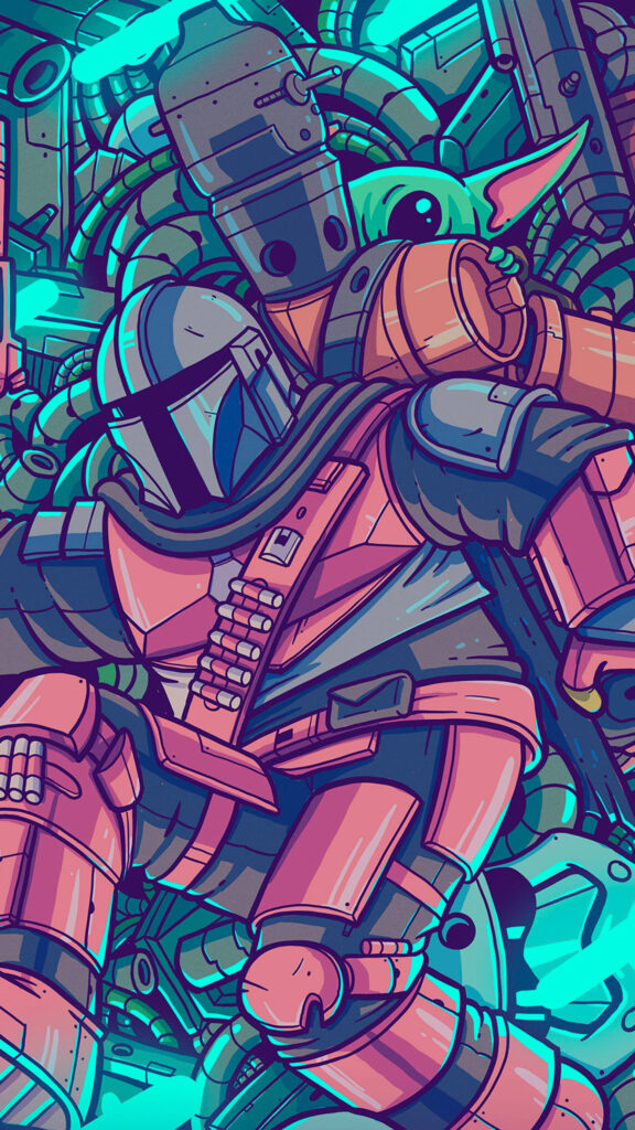 Mandalorian and Grogu Cyberpunk Illustration Mobile Wallpaper